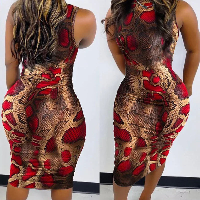 Summer Women Sleeveless Dress Printed Sexy Slim Pullover O Neck Midi Bodycon Dress Nightclub Party Elegant Evening Dresses Brown