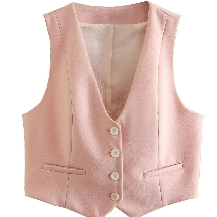 Willshela Women Fashion Two Piece Set Pink Tank Tops & Straight Leg Pants Vintage V-Neck Single Breasted Female Chic Pants Suit