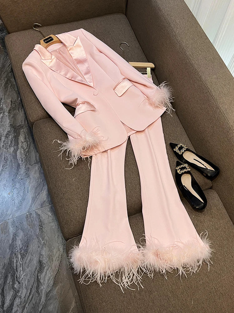 Feather Sleeve Pant Sets Blazer Pantsuits Two Pieces Set Spring Satin Collar Jacket Straight Pants Suits Outfits Women pink sets