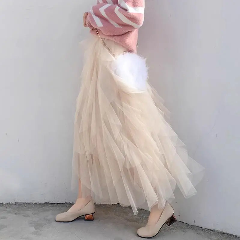 Long Maxi Skirt Women Fashion Korean Cute Pink High Waist Pleated Skirt Mesh Female Lady Aesthetic Faldas apricot One Size