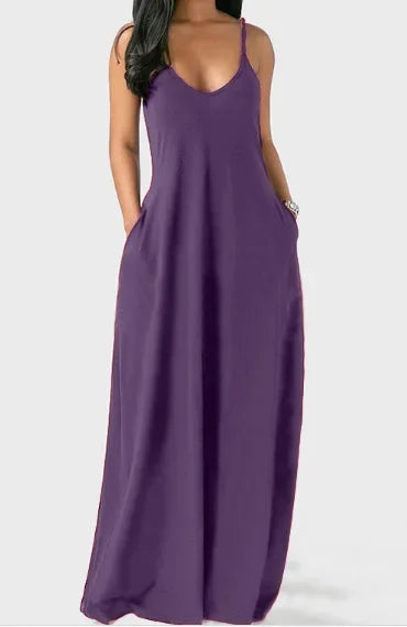 European and American Women's Cross border Summer New Product Solid Color Sexy Deep V Sling Dress PURPLE