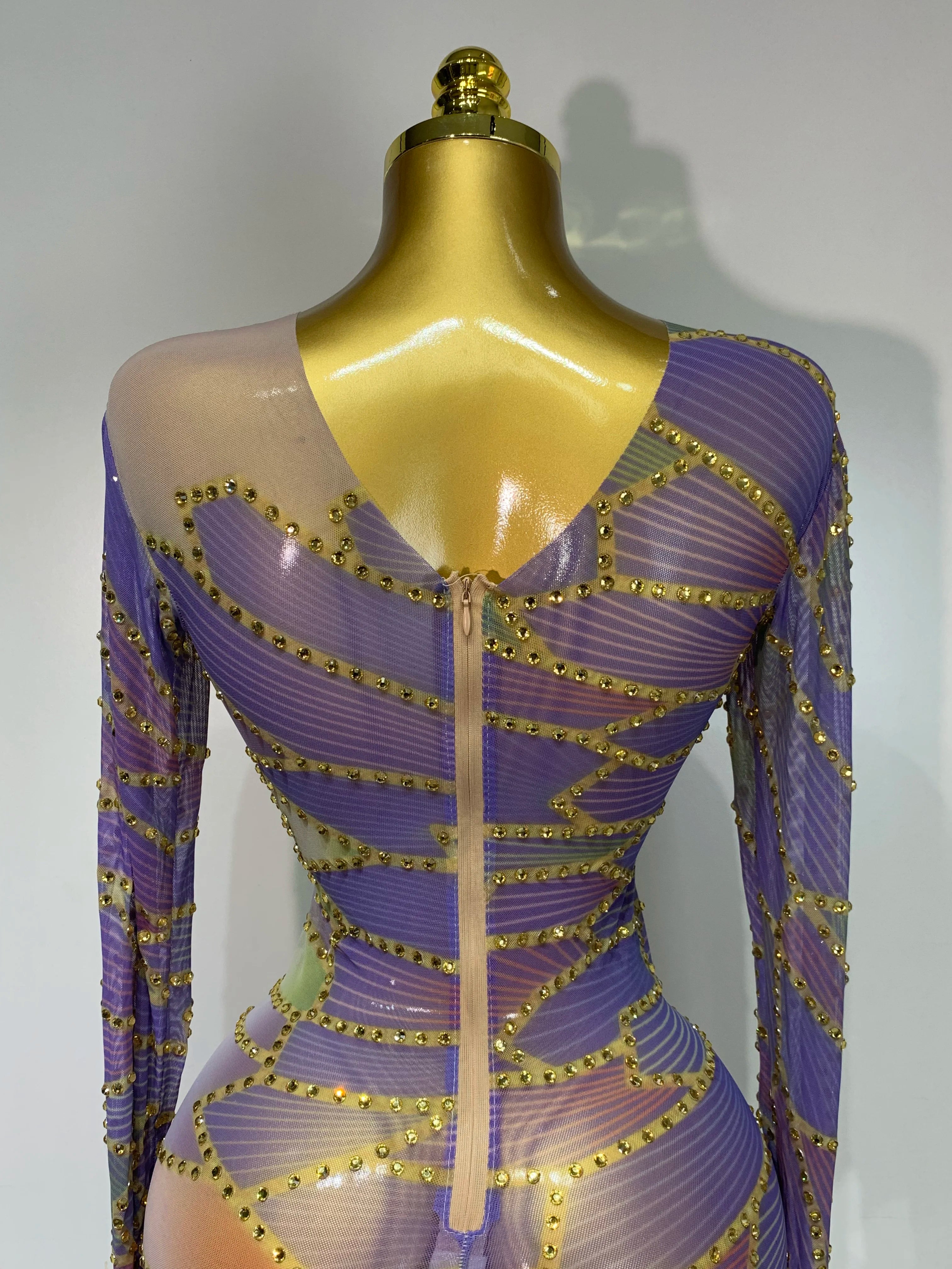 Sparkly Rhinestone Stretchy Mesh See Through Dress Women 2025 Performance Dancer Costume Luxury Birthday Nightclub Stage Outfit