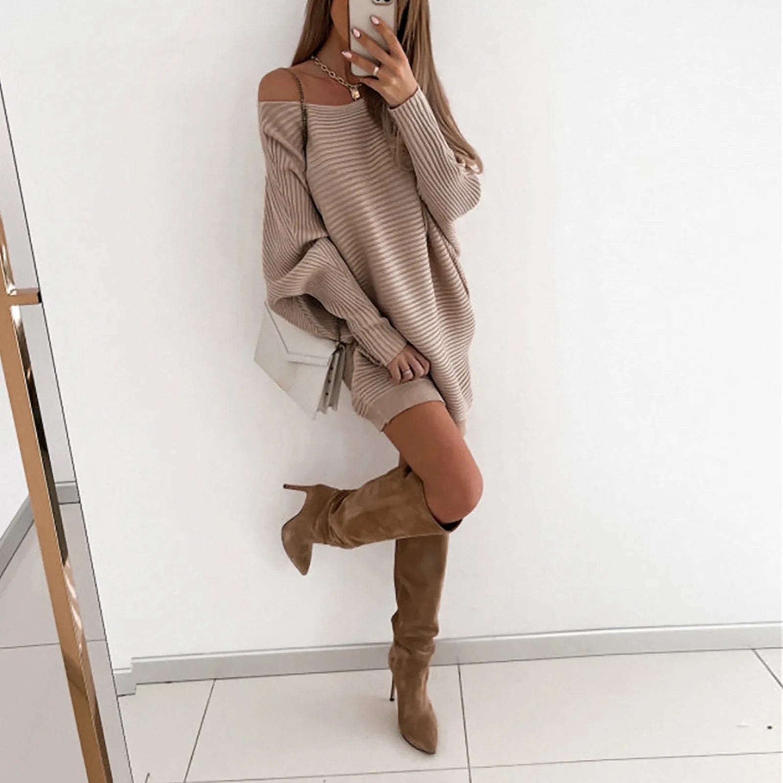 Spring And Autumn Women's Dress Loose Crewneck Off Shoulder Pullover Dress Fashion Solid Colour Commuter Knitted Sweater Dress