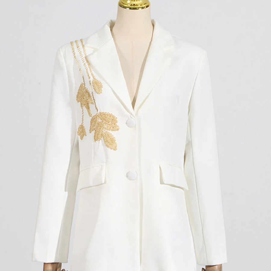 TWOTWINSTYLE Solid Slimming Two Piece Sets for Women Lapel Long Sleeve Patchwork Bead Top High Waist Pant Temperament Set Female