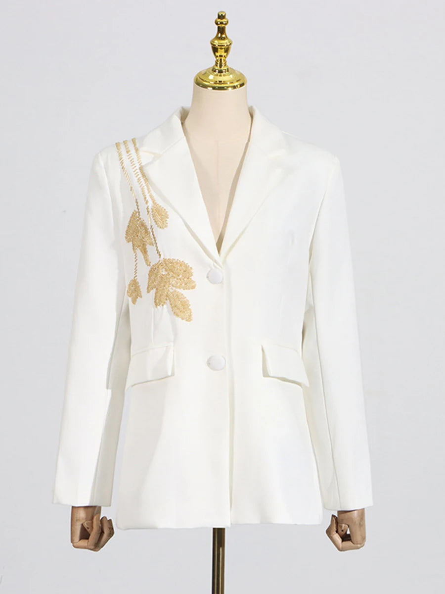 TWOTWINSTYLE Solid Slimming Two Piece Sets for Women Lapel Long Sleeve Patchwork Bead Top High Waist Pant Temperament Set Female