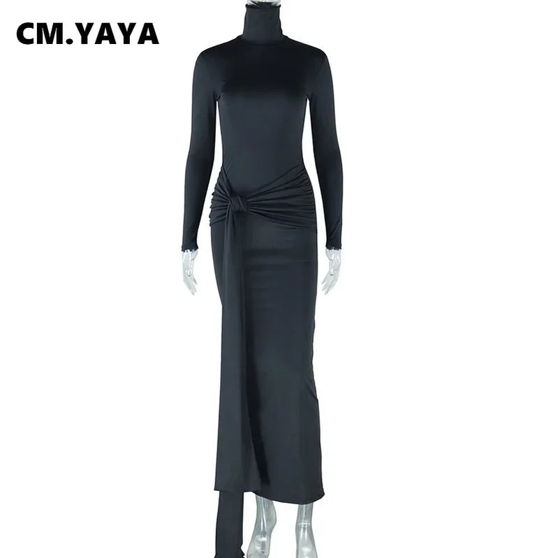 CM.YAYA Women Full Sleeve Turtleneck Ribbon Ruched Long Maxi Dress 2025 Spring Sexy Street Slim Evening Night Club Party Dresses