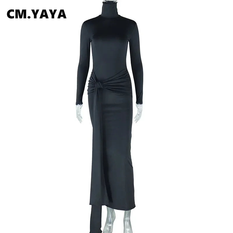 CM.YAYA Women Full Sleeve Turtleneck Ribbon Ruched Long Maxi Dress 2025 Spring Sexy Street Slim Evening Night Club Party Dresses