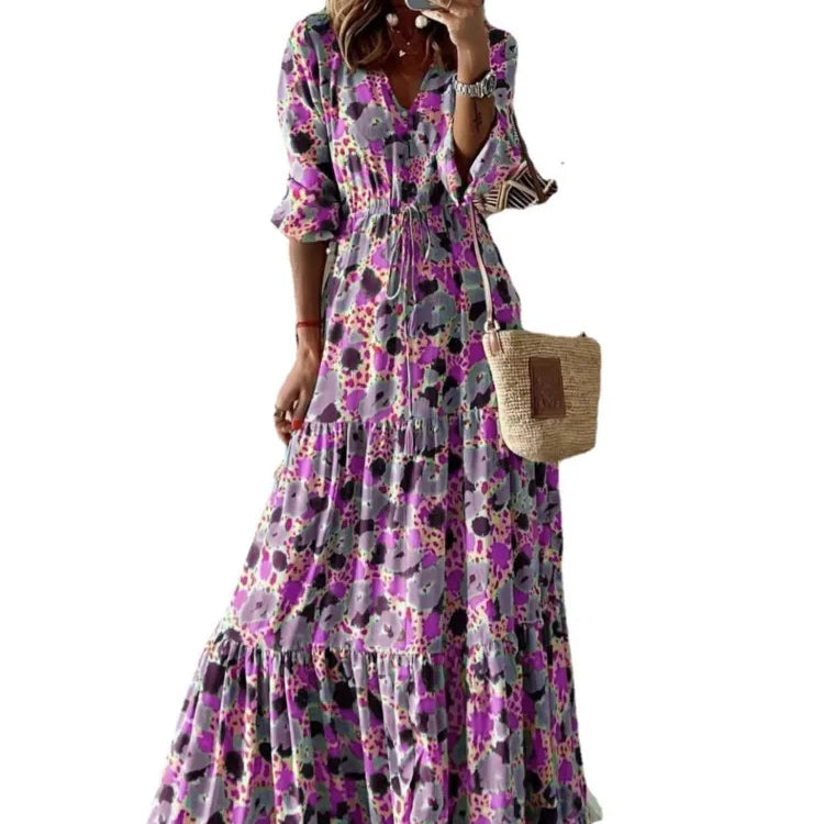 Spring Autumn Flower Print Long Dresses For Women Casual Holiday A-line Beach Dress Fashion Elegant Bohemian Style Maxi Vestidos