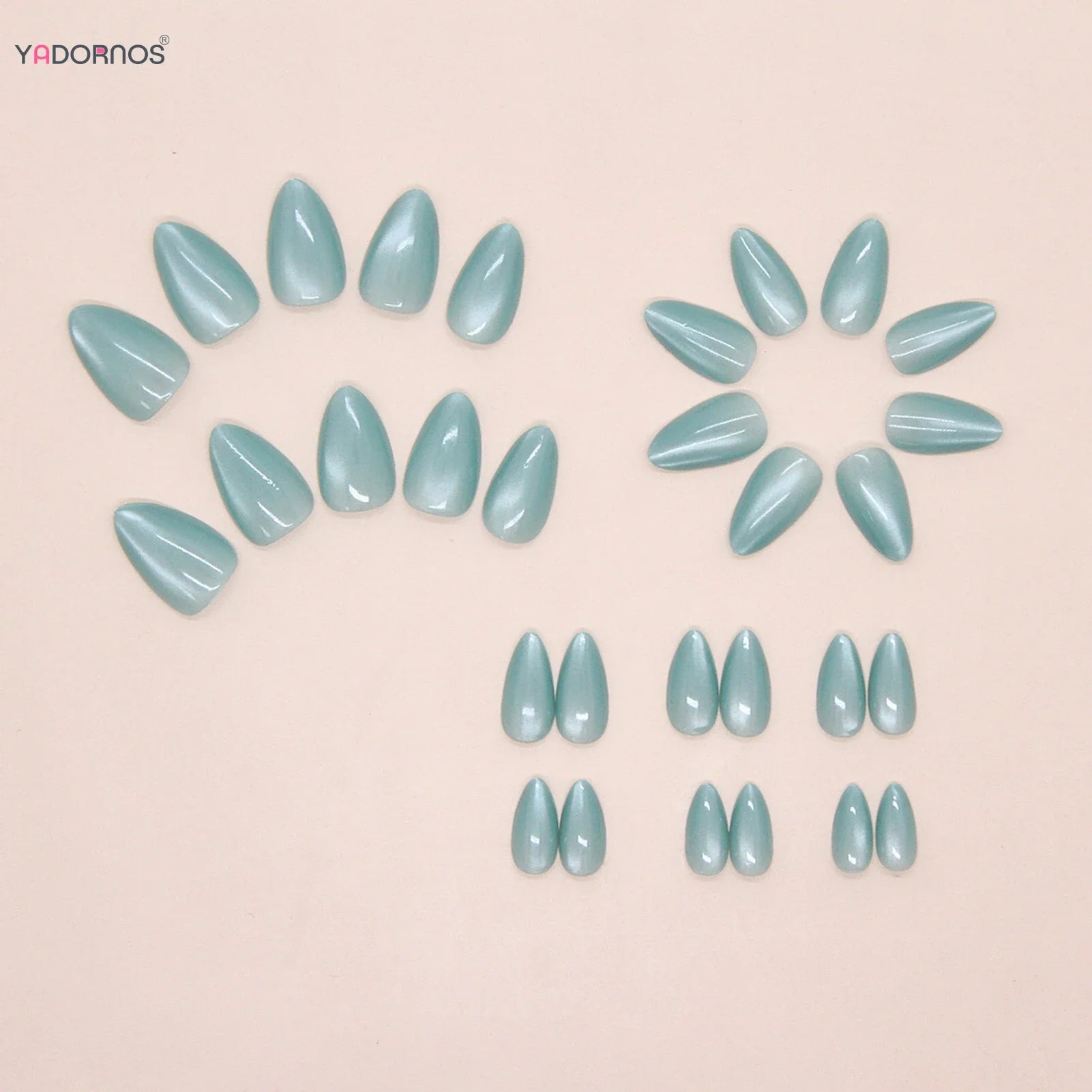 30Pcs Light Green Almond Fake Nails Glossy Cat's Eyes Designs Reusable Press On Nails Solid Color Wearable False Nails Patches