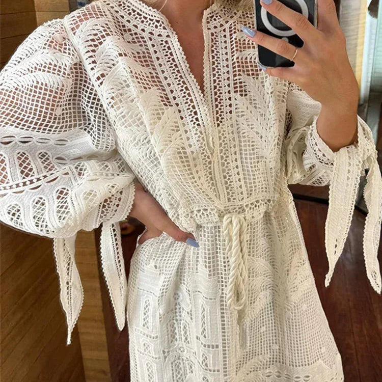 Casual Knit Hollow Out Patchwork Maxi Dress For Women O-neck High Waist Drawstring Lantern Sleeve Dresses Summer Beach Lady Robe