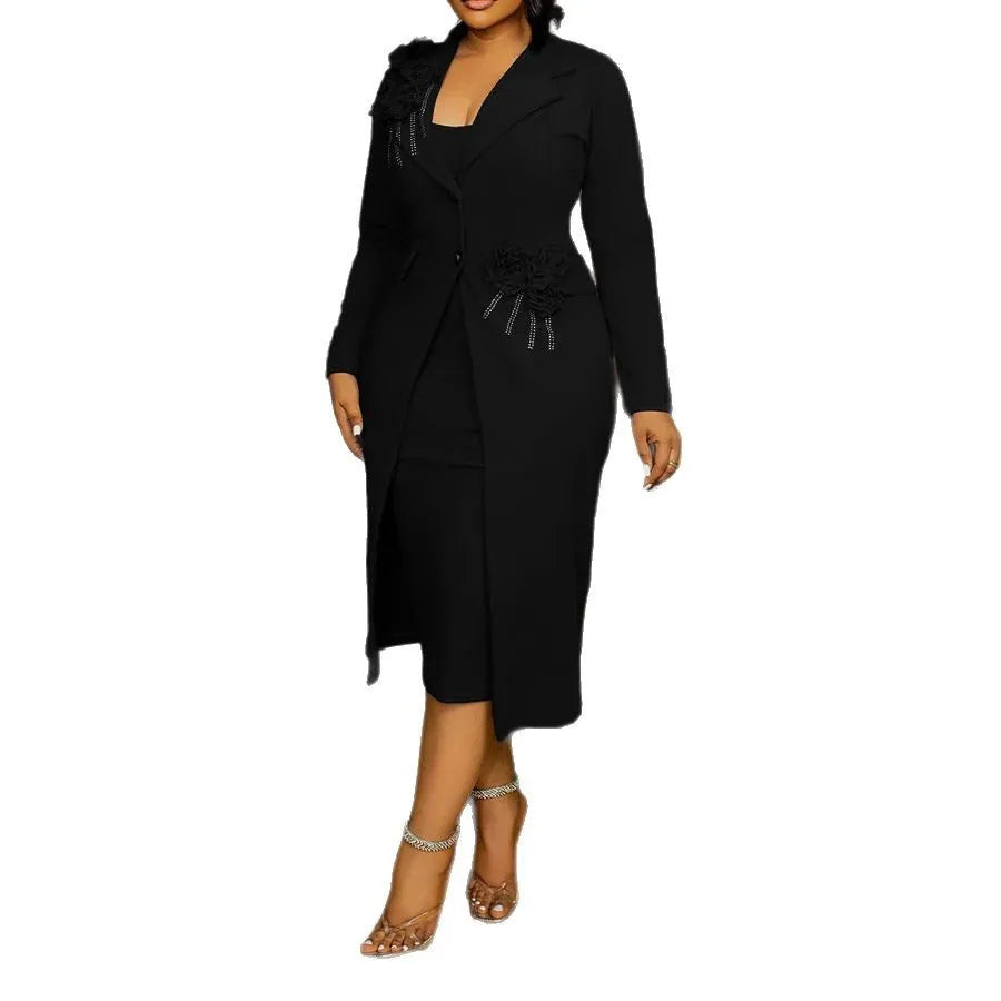 CM.YAYA Women's Set Full Sleeve Long Blazer Coat+ Long Dress Suit 2025 Spring Streetwear Two 2 Piece Set Africa OL Work Outfits Black