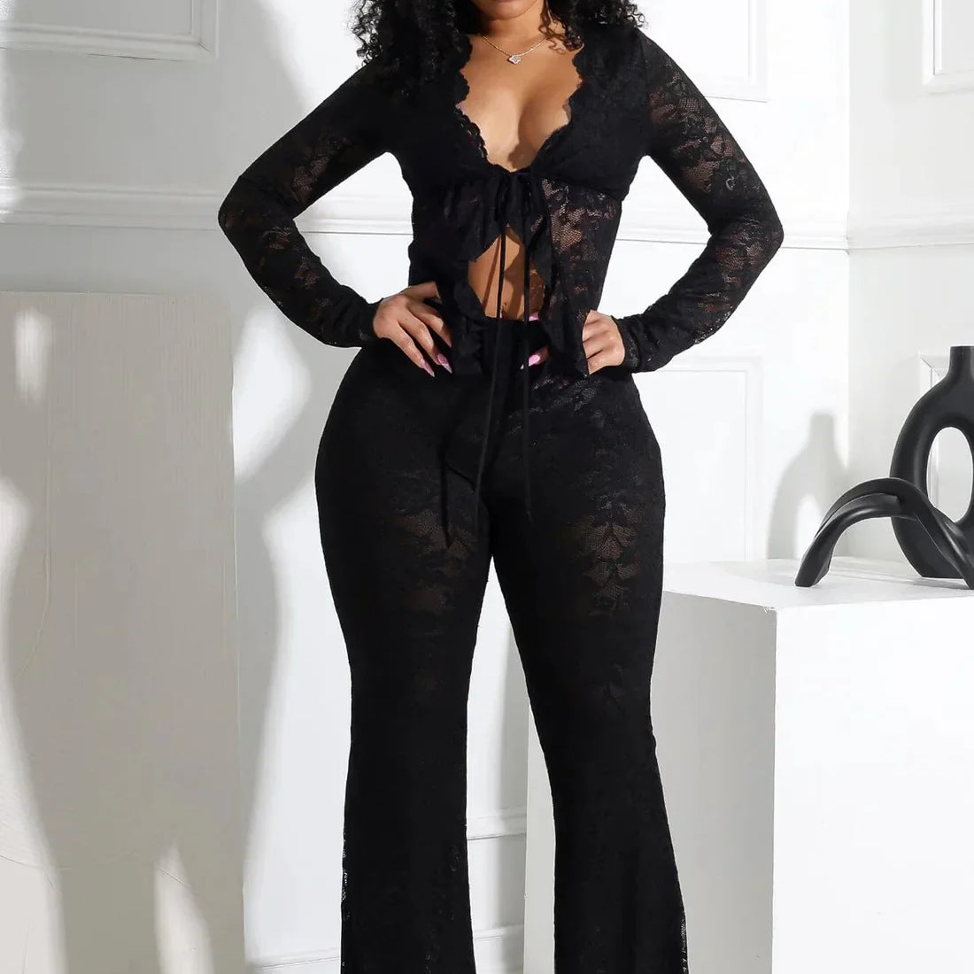 CM.YAYA 2025 Women's Set Long Sleeve Lace See Through Shirt + Long Pants Street Evening Sexy Two 2Piece Sets Outfits Tracksuit