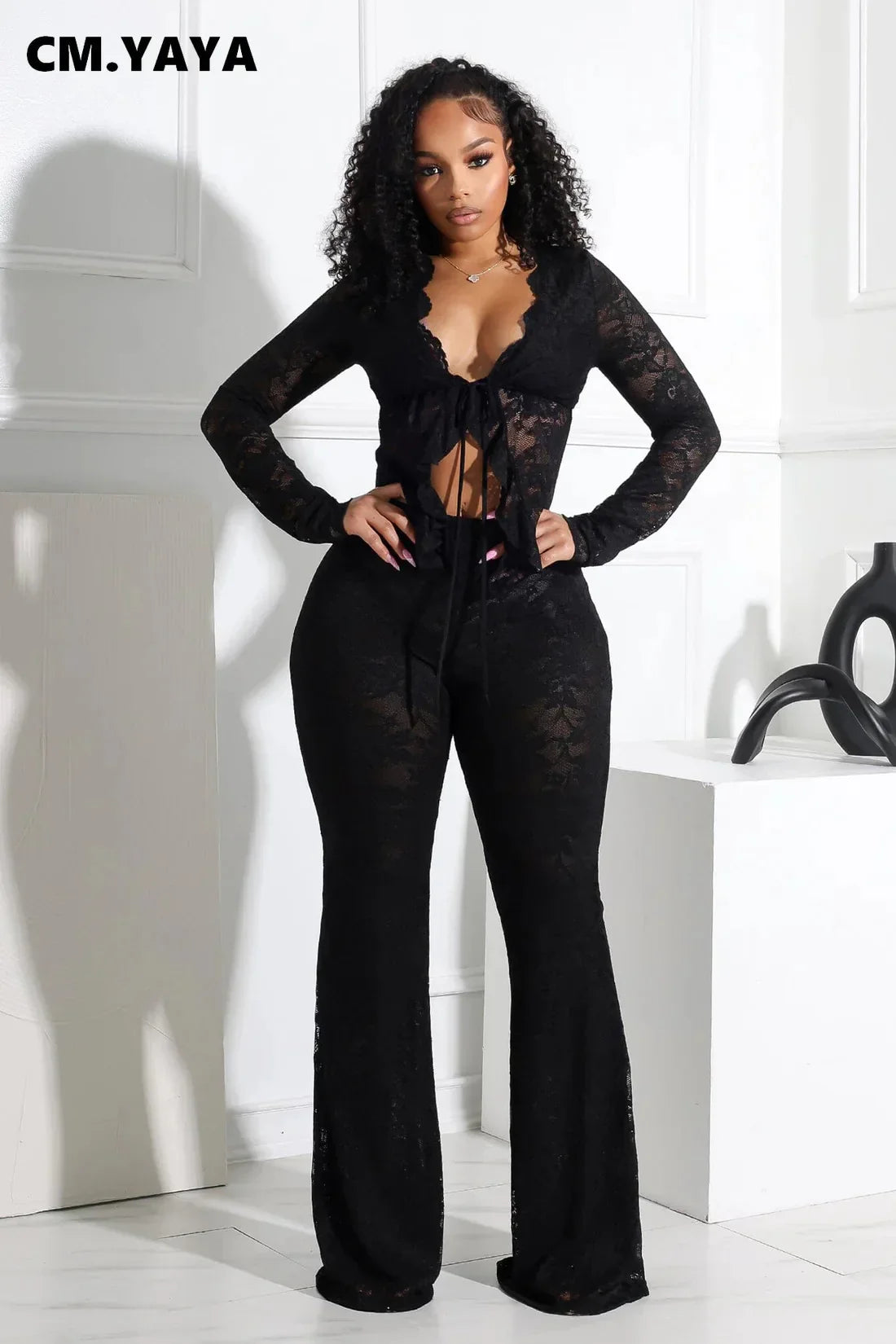 CM.YAYA 2025 Women's Set Long Sleeve Lace See Through Shirt + Long Pants Street Evening Sexy Two 2Piece Sets Outfits Tracksuit