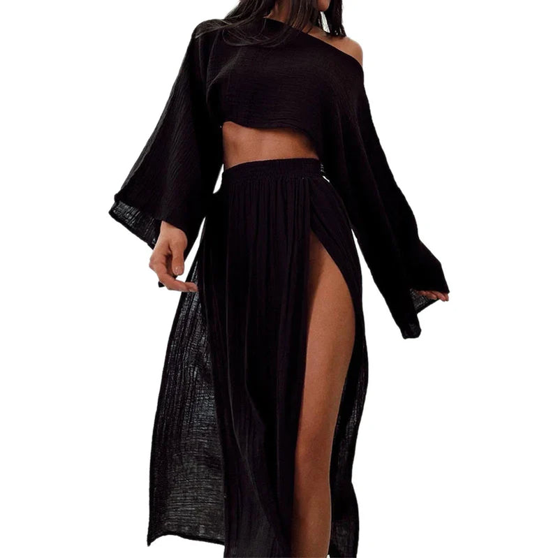 Elegant Women Crop Tops & High Waist Slit Maxi Skirts 2 Pieces Linen Pants Sets Beach Cover Ups Lounge Matching Sets Black