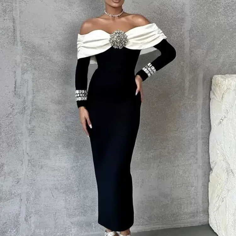 Sexy Off The Shoulder Luxury Diamonds White Patchwork Black Long Bandage Dress Elegant Woman Party Dress Wedding Party  Vestido