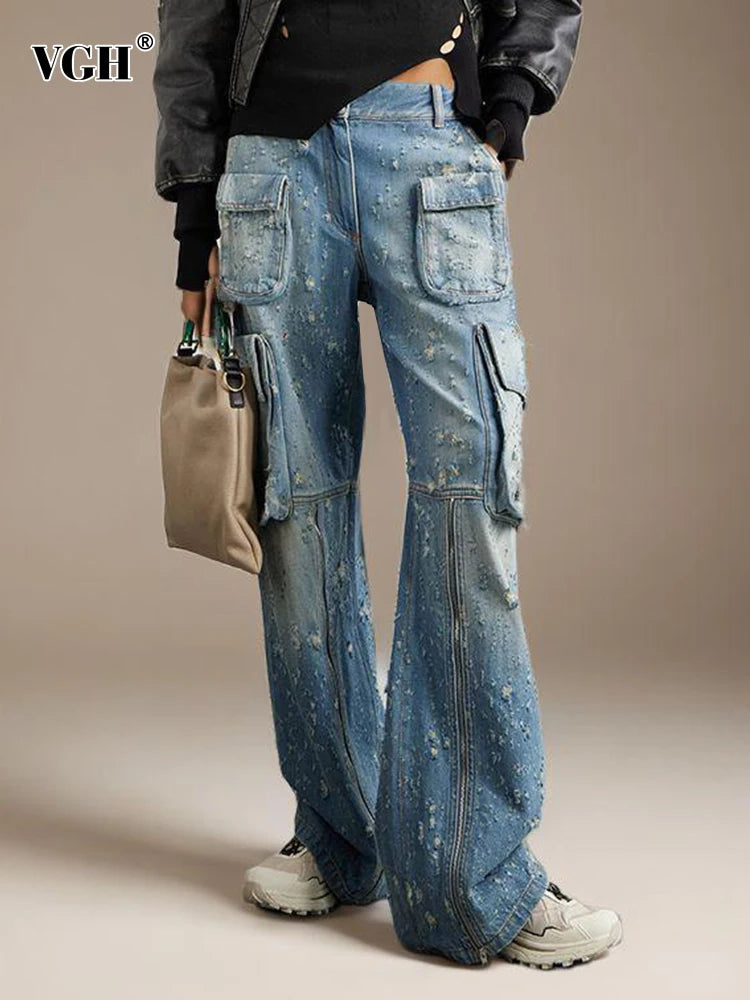 Solid Patchwork Pockets Casual Denim Trousers For Women High Waist Spliced Zipper Streetwear Wide Leg Jeans Female Fashion