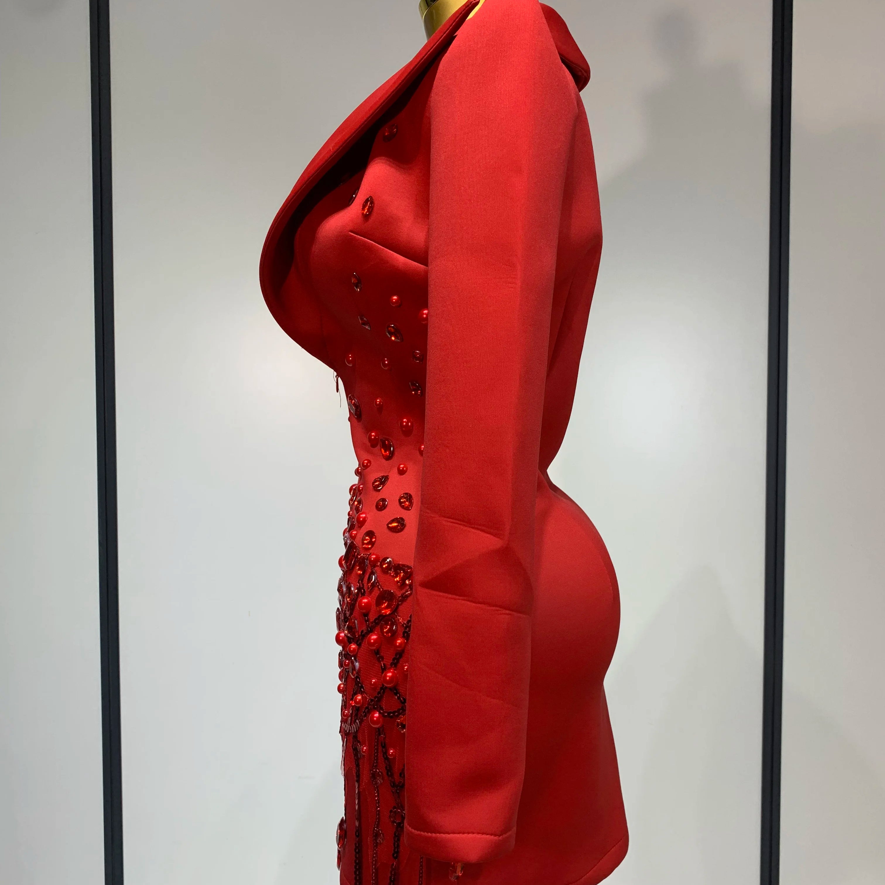 Luxury Rhinestone High Quality Deep V-Neck Slim Fit Red Suit Dress 2025 New Fashion Celebirty Elegant Evening Club Party Dresses