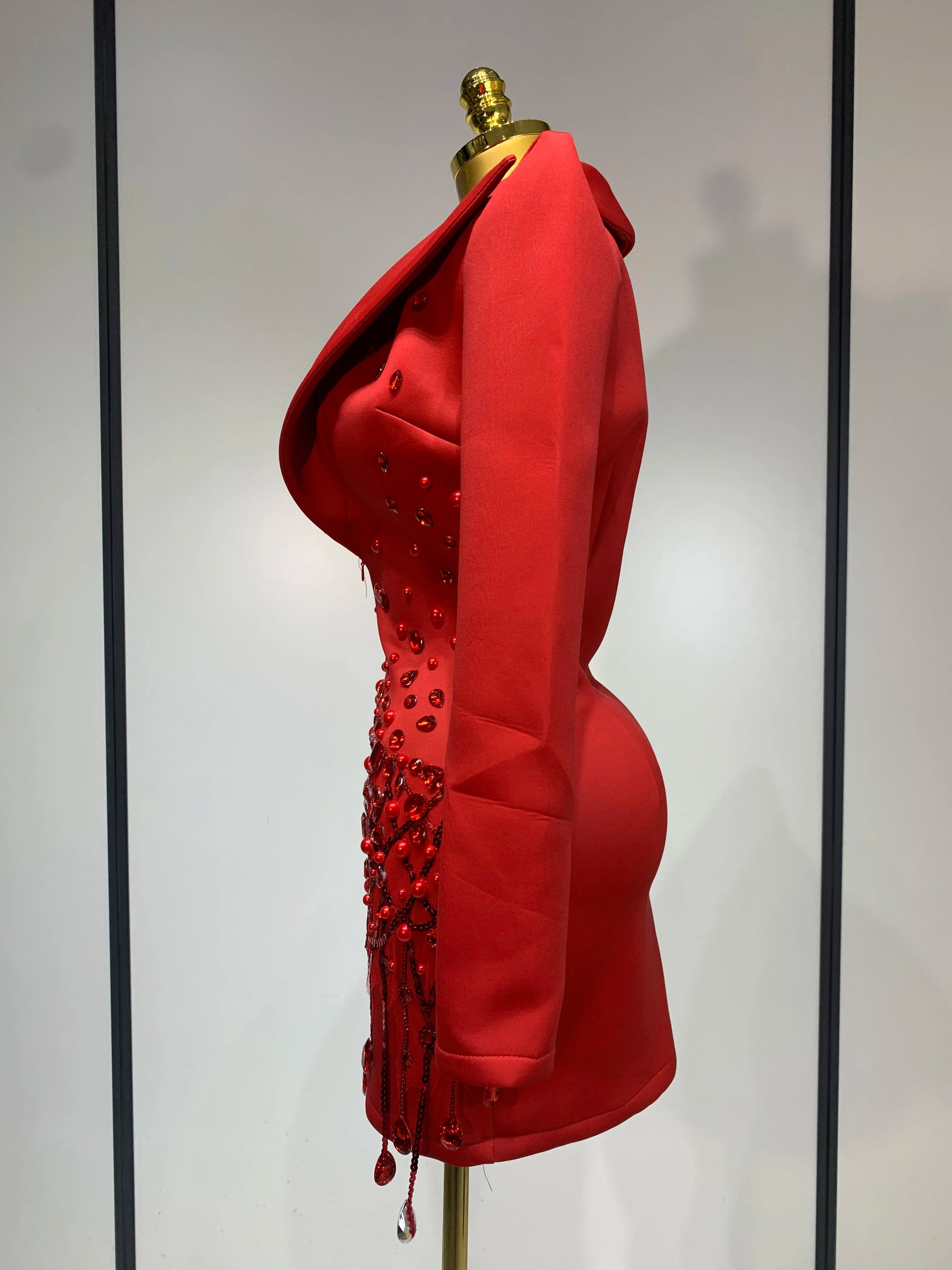 Luxury Rhinestone High Quality Deep V-Neck Slim Fit Red Suit Dress 2025 New Fashion Celebirty Elegant Evening Club Party Dresses