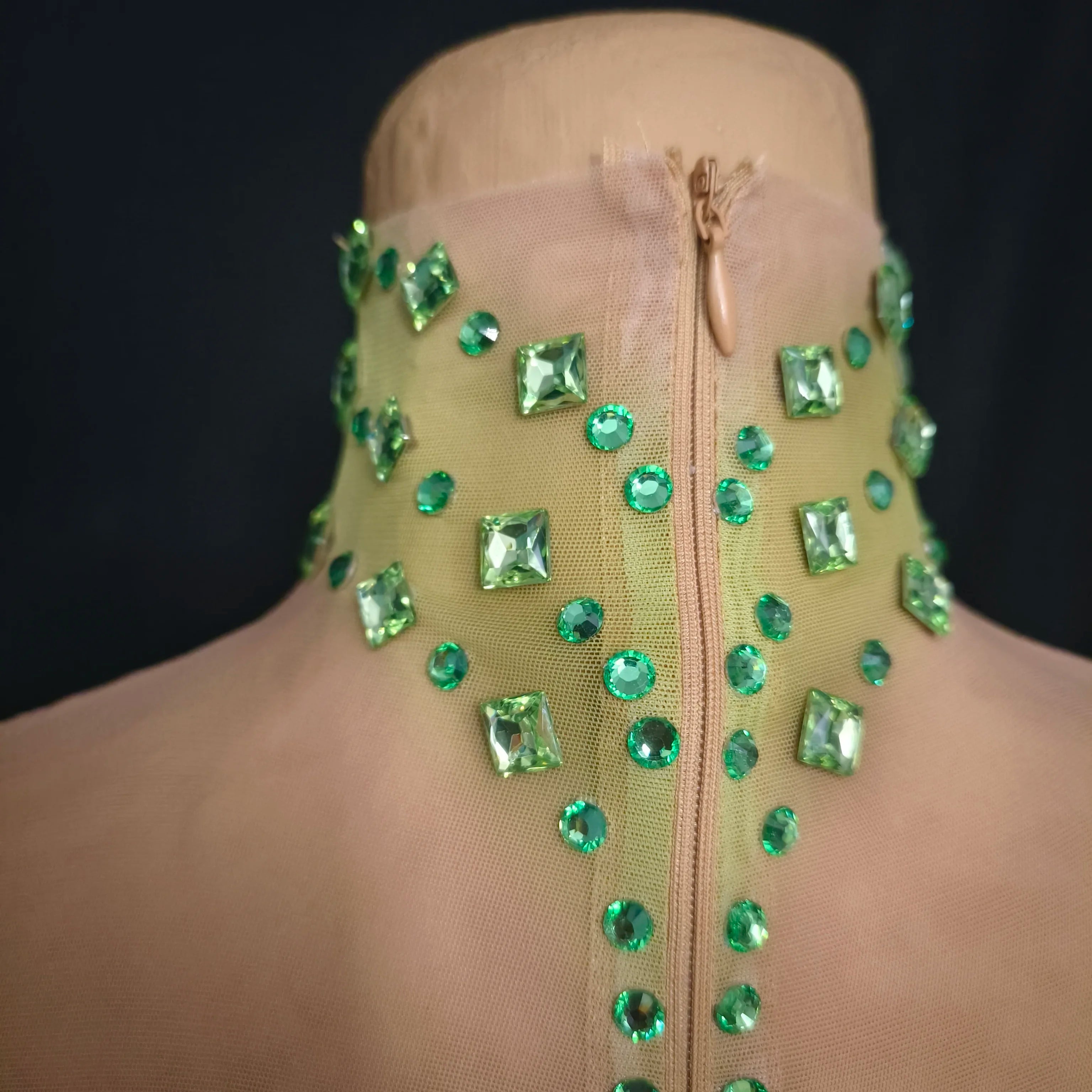 Women Sexy Mesh Crystal Fancy Maxi Dress See Through Neon Green Party Singer Party Costume Stage Performance Dress