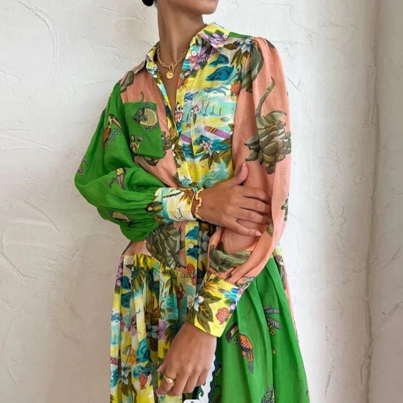 Elegant Loose Tie-Up Stand Collar Shirt Dress Women Fall Boho Print Pink Maxi Dress Fashion Geometric Cartoon Pattern Long Dress 06 Patchwork Green
