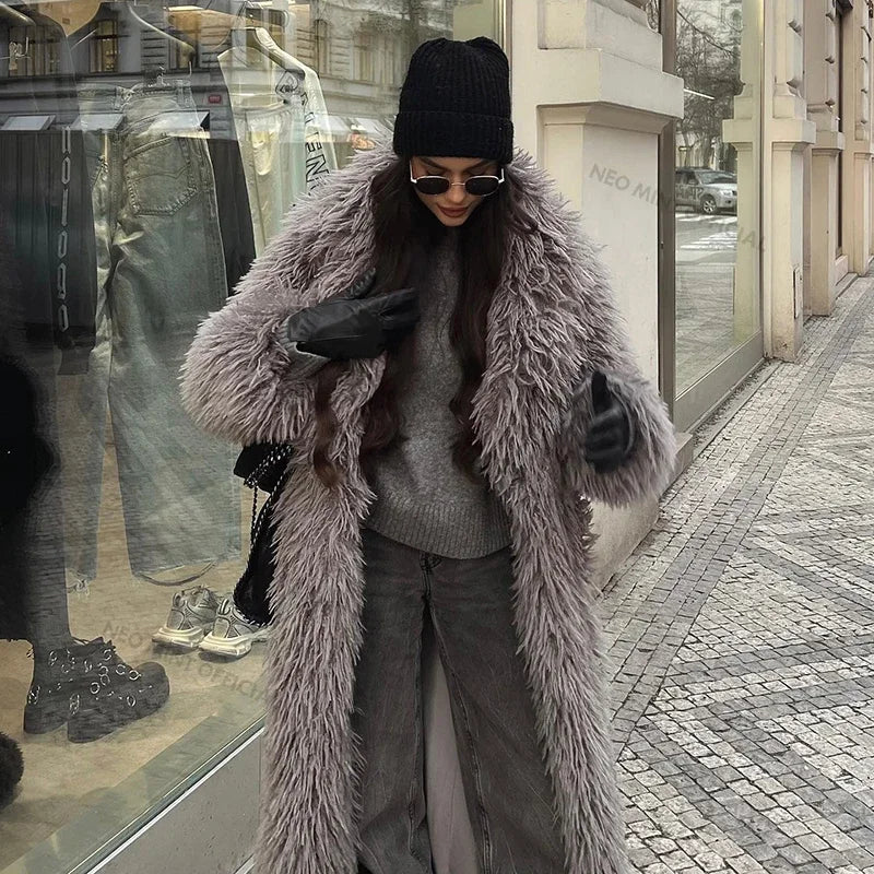Neo Mint Extra Long Luxury Lamb Fur Teddy Coat Women Winter Ladies Mob Wife Style Oversized Chunky Faux Fur Jacket Overcoat