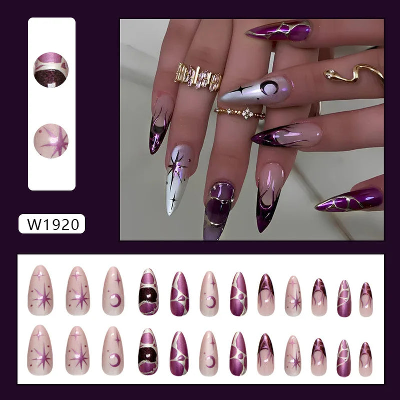 24pcs Punk Purple Press on Nails Star Moon Print y2k Style False Nails for Girl Wearable Reusable European Almond Fake Nail Tips