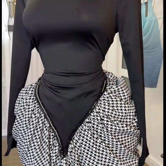 CM.YAYA Women Houndstooth Stacked Ruched Side Long Sleeve Bodycon Midi Maxi Long Dress 2025 Birthday Vacation Sexy Party Dresses