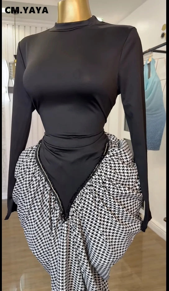 CM.YAYA Women Houndstooth Stacked Ruched Side Long Sleeve Bodycon Midi Maxi Long Dress 2025 Birthday Vacation Sexy Party Dresses