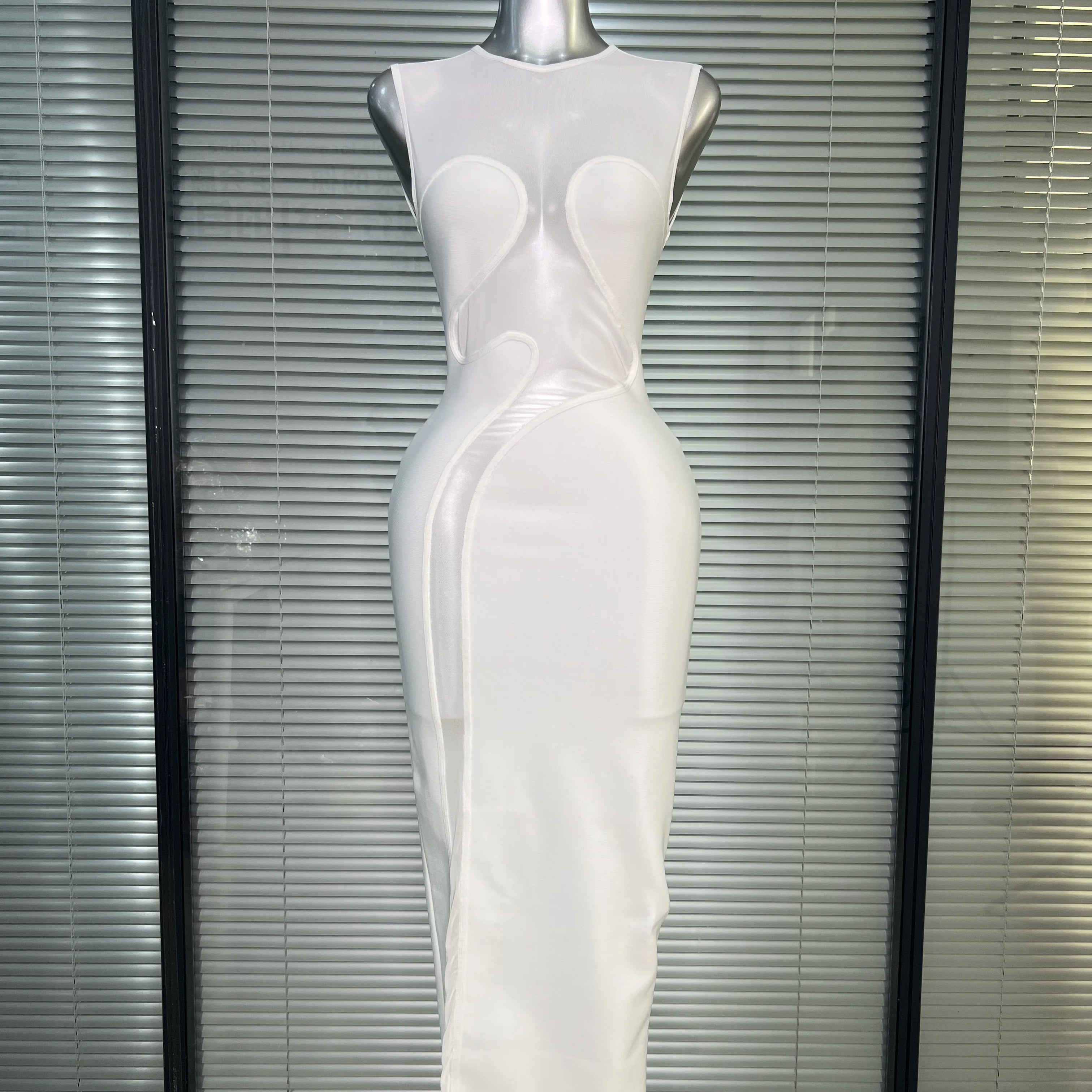 Summer New 2025 Women Black White Long Bodycon Bandage Dress Knitted Mesh Tank Evening Party Dress Vestido