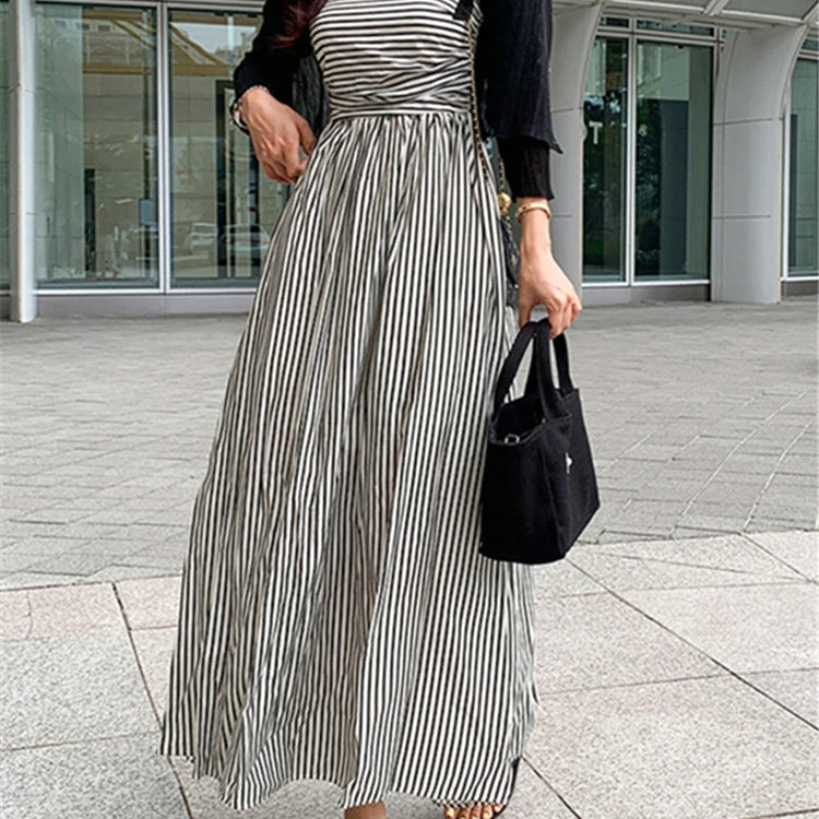 Chic Sleeveless Lace Up Striped High Waist Fashion Elegant Holiday Women's Spring Summer Long Dresses