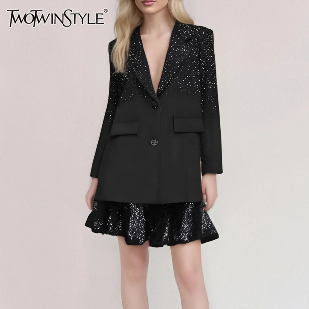 TWOTWINSTYLE Solid Spliced Stick Drill Elegant Jackets for Women Lapel Long Sleeves Patchwork Single Breasted Jacket Female New
