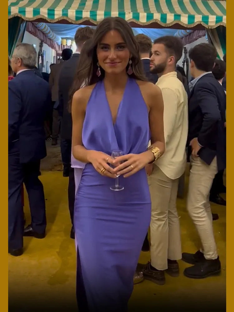 Fashion Purple V Neck Pleated Sleeveless Mini Dress Elegant Lace Up Curling Edge Gowns New Female Summer Dinner Party Vestidos