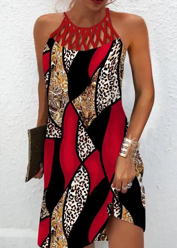 Fashion Women's Straight Dress 2023 Summer Vacation New Multicolor Abstract Print Hollow Casual Mini Sleeveless Dress Female G