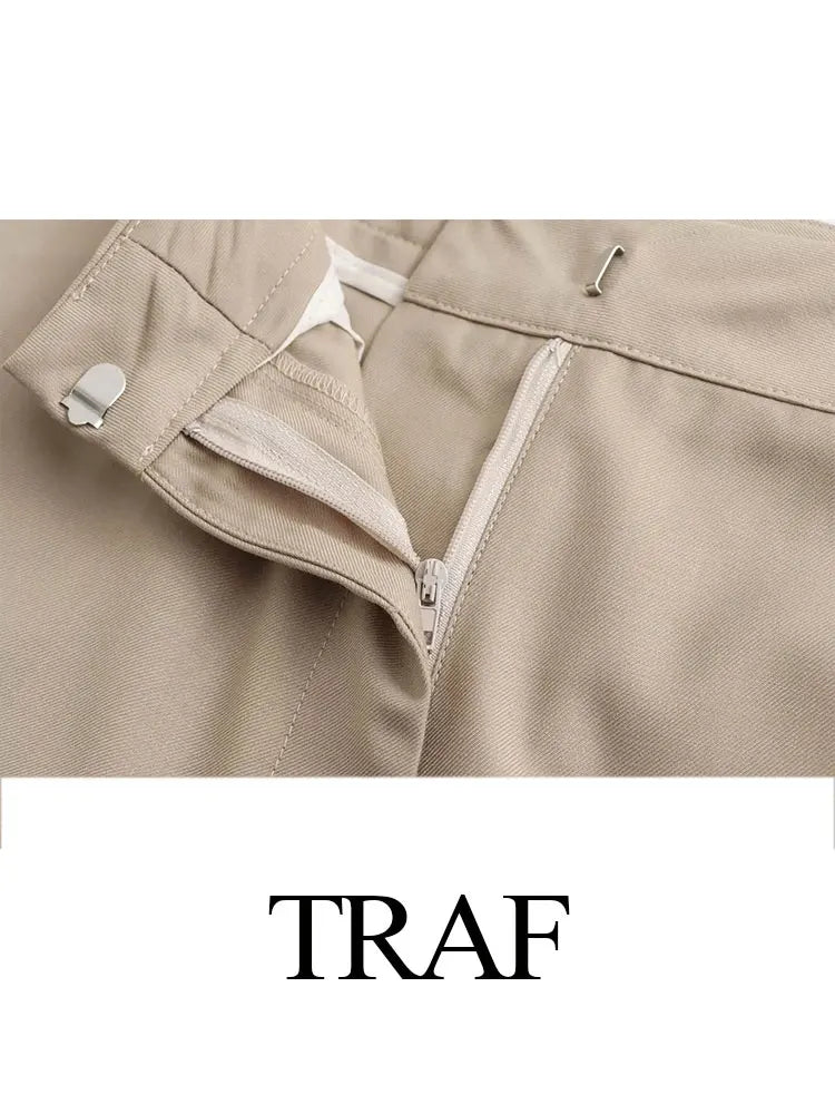 TRAF Spring Women's Khaki Office Lady Blazer Suit Single Breasted Jacket High Waist Women's Slightly Spicy Zipper Pants Set