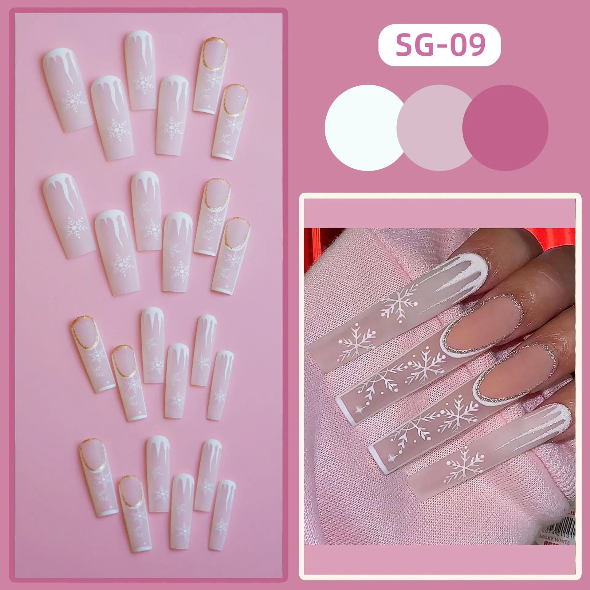 24pcs Pink Santa Claus False Nails Merry Christmas Snowflake Press on Nails Wearable European Long French Ballet Fake Nail Tips