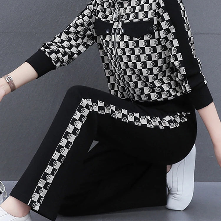 Casual Sweatsuit Women Autumn Fashion Zip up Jacket Coat and Cropped Pants Two Piece Set Plaid Stand Collar Outfits