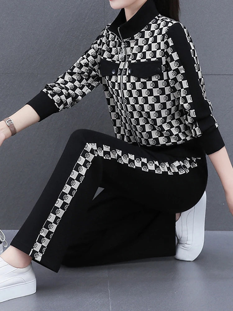 Casual Sweatsuit Women Autumn Fashion Zip up Jacket Coat and Cropped Pants Two Piece Set Plaid Stand Collar Outfits