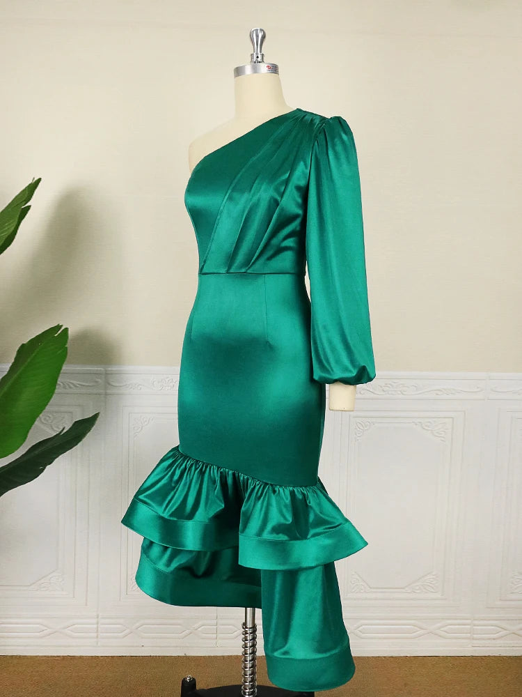 Green One Shoulder Dresses Elegant Women Long Sleeve Eimpire Bodycon Shiny Gowns Irregular Satin Outfit for Ladies Evening Party