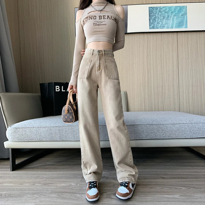 Khaki High Waist Design Denim Jeans Women's Autumn Spring New Loose Straight Wide Leg Long Design Fashion Pants Khaki Lengthen