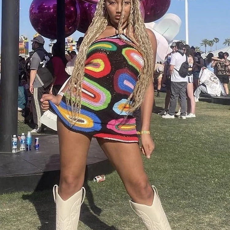 Weird Puss Fake Knit Print Dress Women Summer Fashion Backless Colorful Halter Mini Bodycon Skinny Stretch Streetwear Clothes