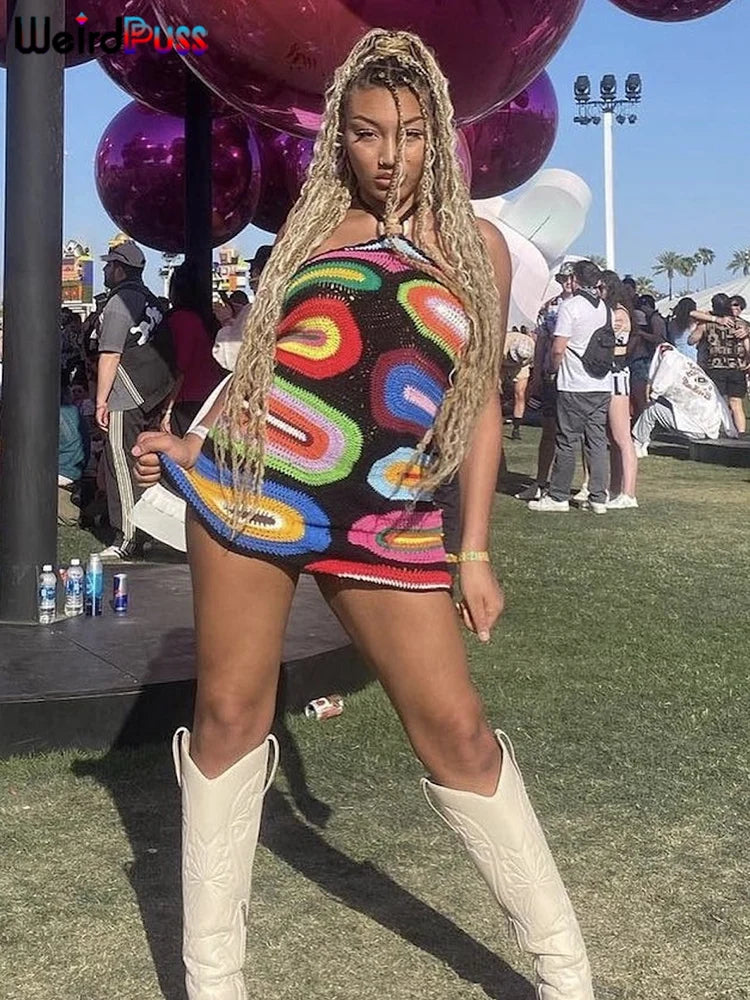 Weird Puss Fake Knit Print Dress Women Summer Fashion Backless Colorful Halter Mini Bodycon Skinny Stretch Streetwear Clothes