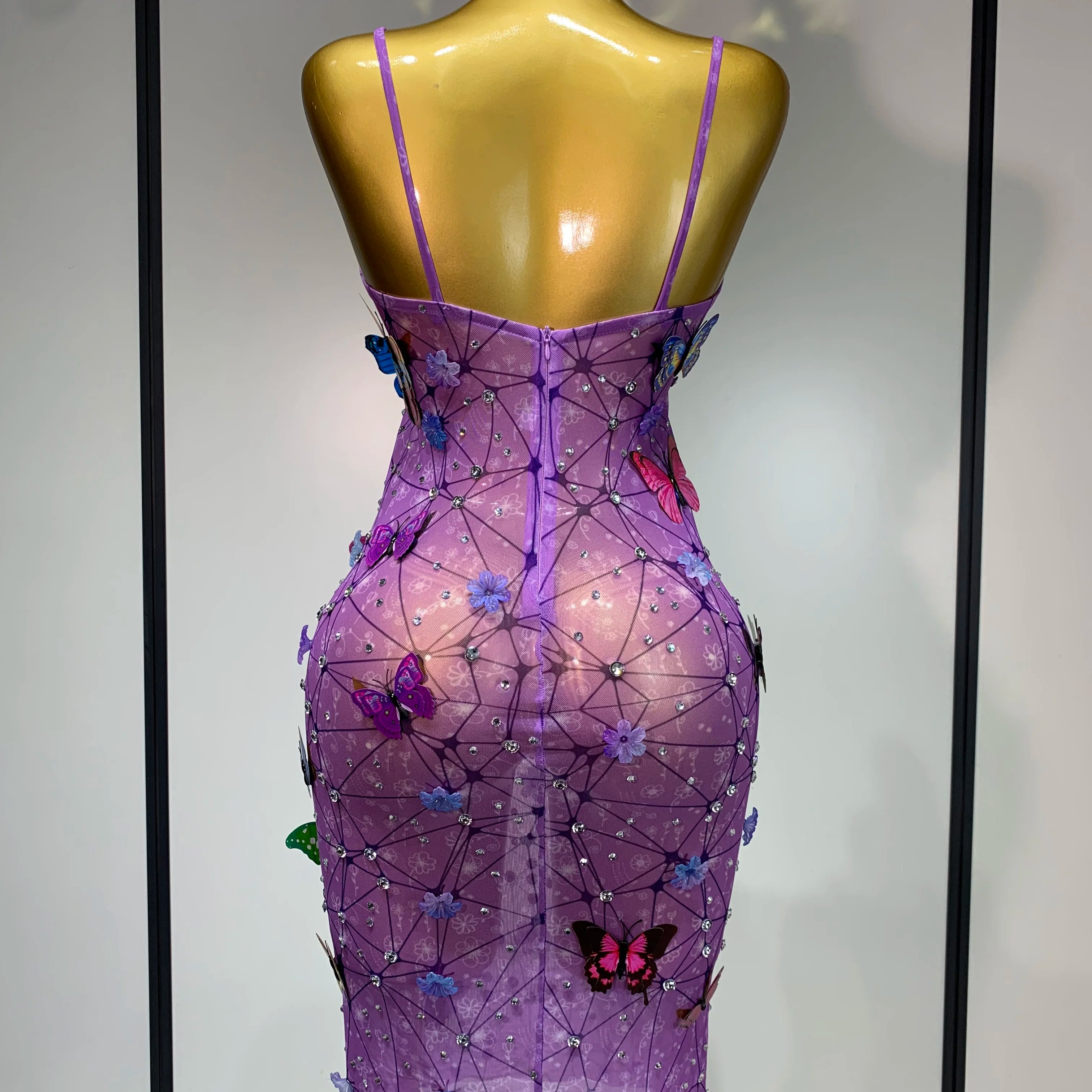 Sparkly Women Sexy Mesh See Through Dress 2025 New Arrival Butterfly Purple Celebrity Luxury Birthday Nightclub Stage Outfit