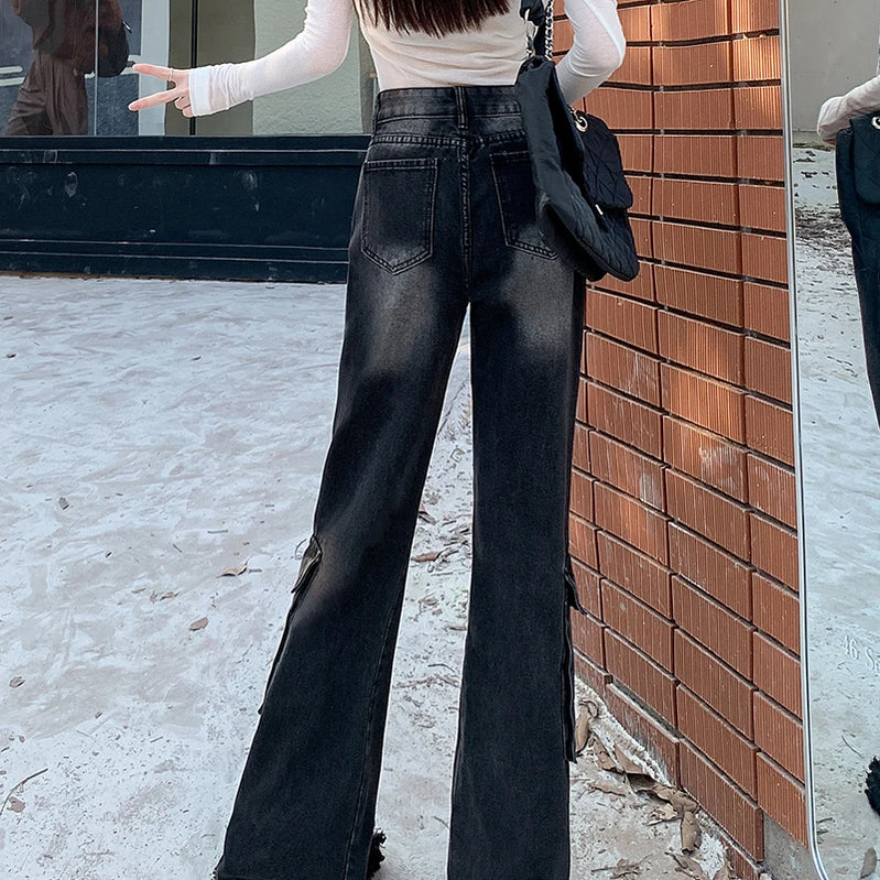 Autumn Winter New Straight Tube Cargo Jeans Woman American Retro High Waist Pants Ladies Multipocket Y2k Baggy Jeans Women's