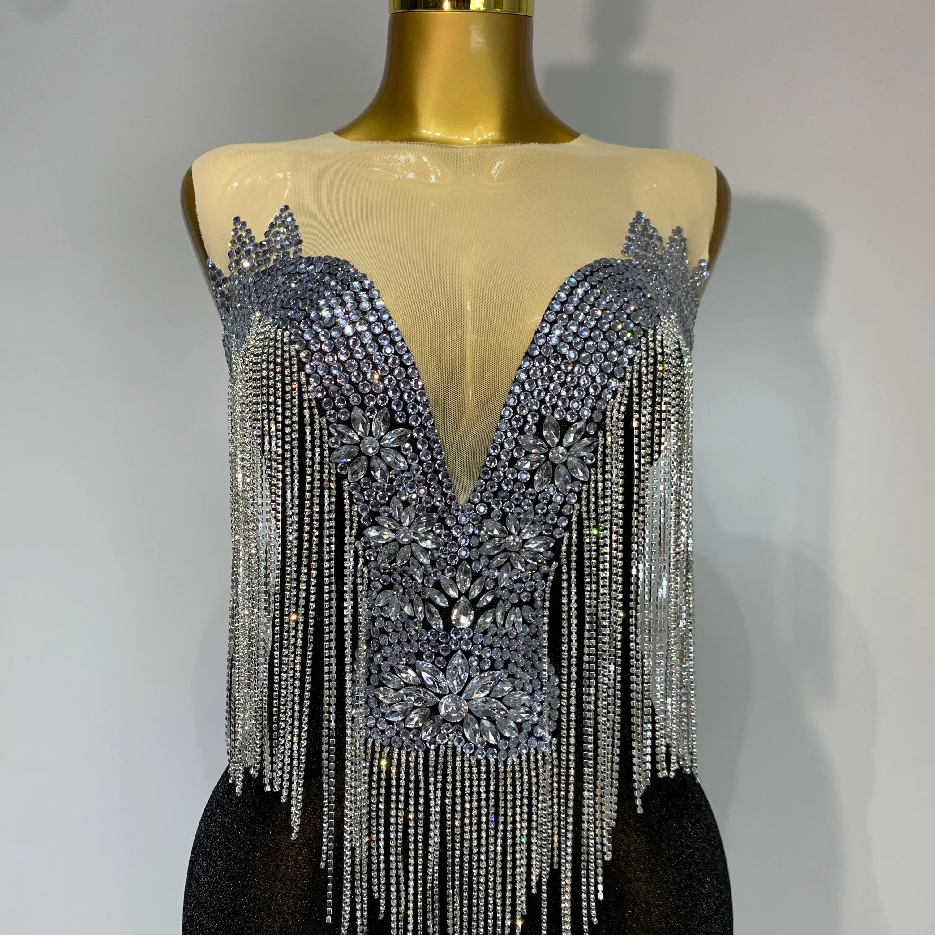 Women Sexy Sparkly Rhinestones chain Celebrity Elegant Maxi Long Dress Luxury Birthday Prom Gowns Stage Show Performance Costume