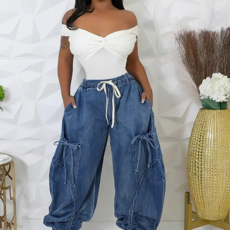 CM.YAYA Women Streetwear Drawstring Fashion Fly Denim Pants 2024 Autumn Loose Safari Style Cargo Harem Hip Hop Jeans