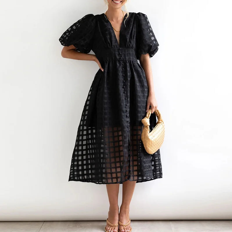 Summer Multicolor Lantern Short Sleeve Long Dress Elegant Ladies Solid V Neck Big Hem Dress Fashion Mesh Plaid High Waist Dress Black