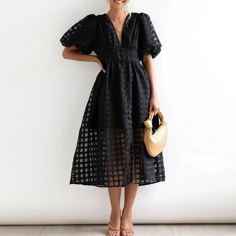 Summer Multicolor Lantern Short Sleeve Long Dress Elegant Ladies Solid V Neck Big Hem Dress Fashion Mesh Plaid High Waist Dress Black
