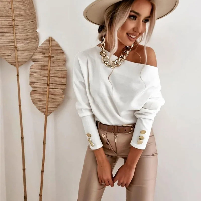 Oversized T-shirt Clearance Sale Women Tops Loose Pullover Autumn Long Sleeve Solid Black White Khaki Tees Buttons топ женский