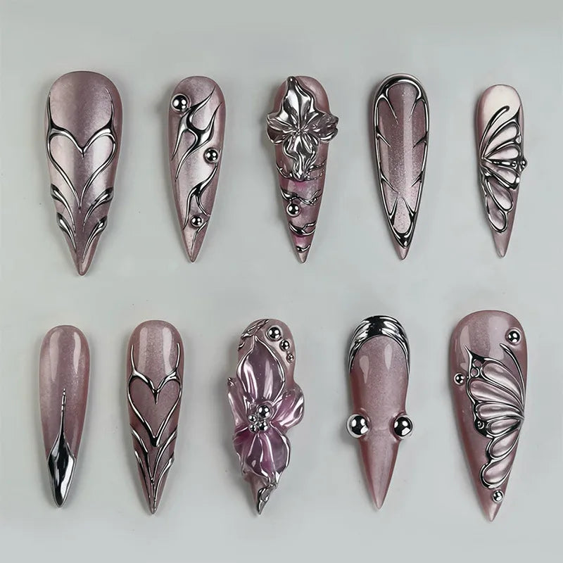 24Pcs Long Stiletto Nails Set Press on Cat's Eye 3D Flower Design Fake Nail Butterfly Love Heart Pattern Reusable False Nail Tip