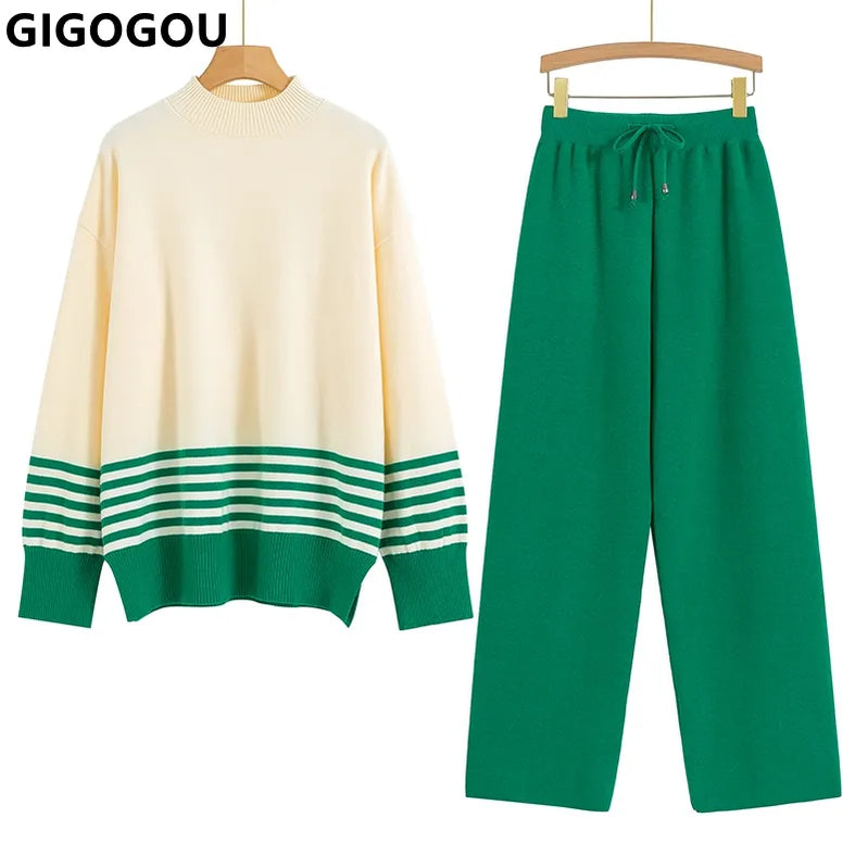 Gigogou 유로 디자이너 가을 겨울 여성 스웨터 트랙 슈트 2 조각 세트 대형 레이디 니트웨어 + 넓은 다리 바지 따뜻한 정장